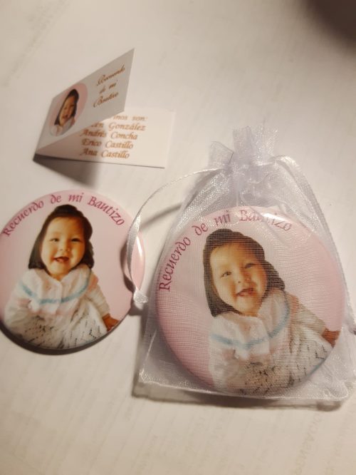 Chapitas iman con tarjeta y bolsita de organza (Docena)
